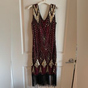 Maroon, Black & Gold Flapper Dress